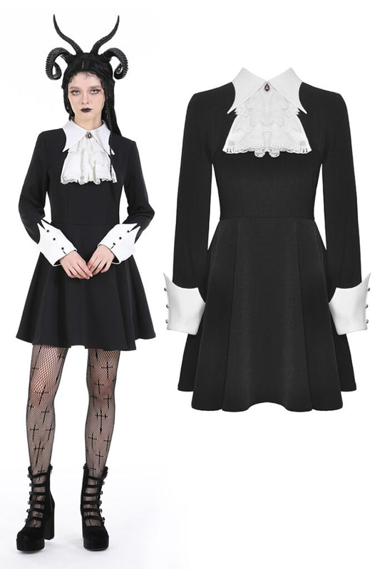 Black and White Gothic Princess Ruffle Neck Dress