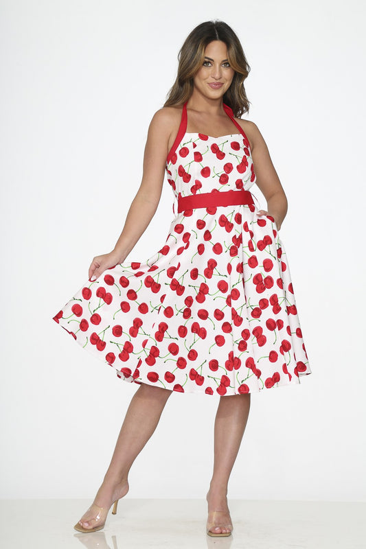 White Red Cherry Halter Dress