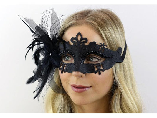 Black Venetian Mask w/ Fishnet and Feather