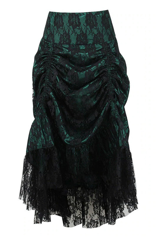 Dark Green w/Black Lace Overlay Ruched Bustle Skirt