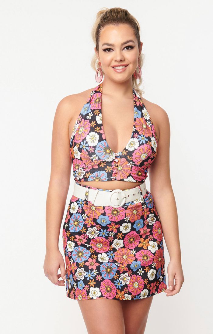 Black & Purple Retro Floral Feelin  Groovy Crop Top