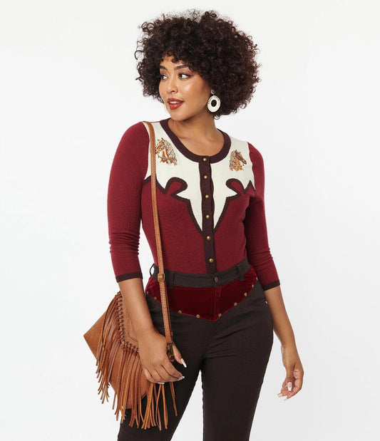 Vintage Burgundy & Horse Embroidered Bookworm Cardigan