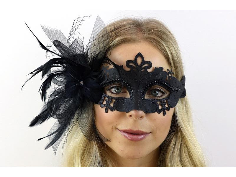 Black Venetian Mask w/ Fishnet and Feather