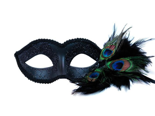 Black Venetian Mask w/ Peacock Feathers