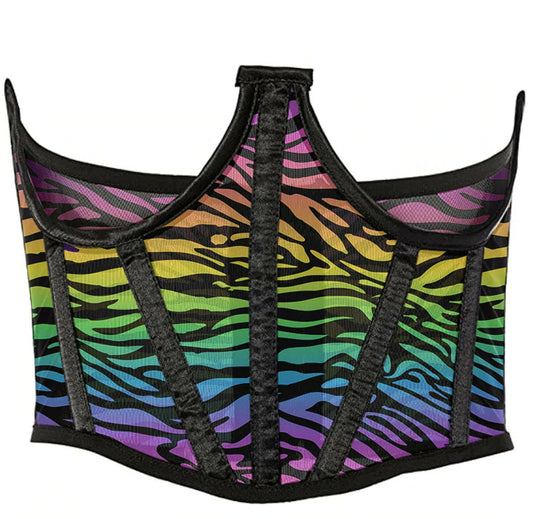 Rainbow Animal Print Mesh Open Cup Waist Cincher