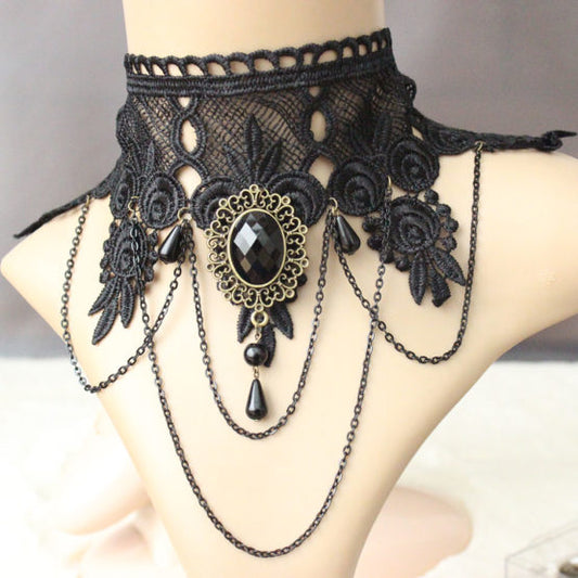 Black Lace Choker w/ Pendant and Chain Swags