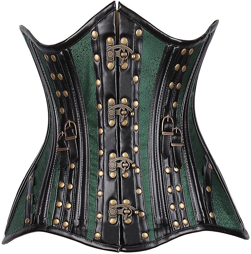 CURVY Faux Leather & Brocade Steel Boned Underbust Corset w/Rivets