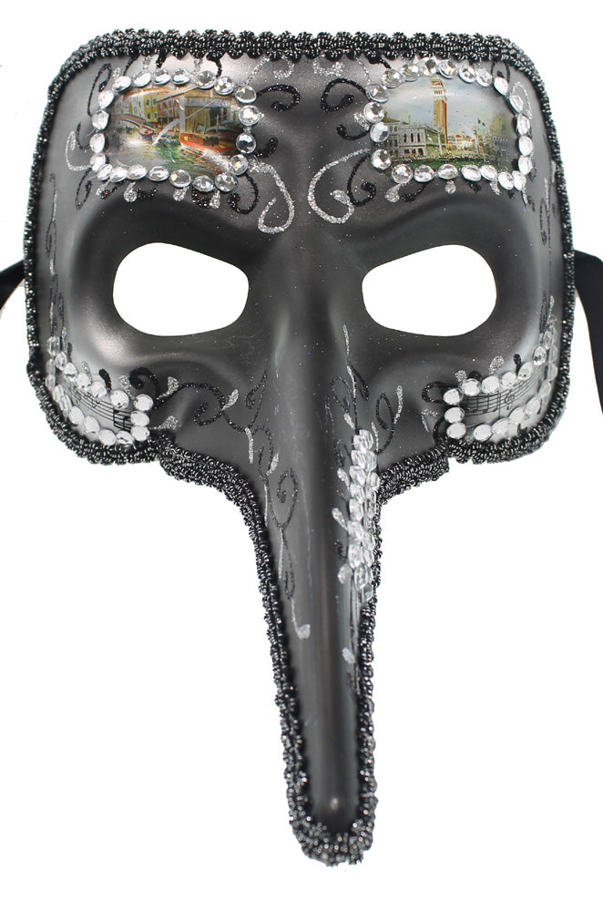 Venetian Long Nose Mask Black w/ Rhinestones