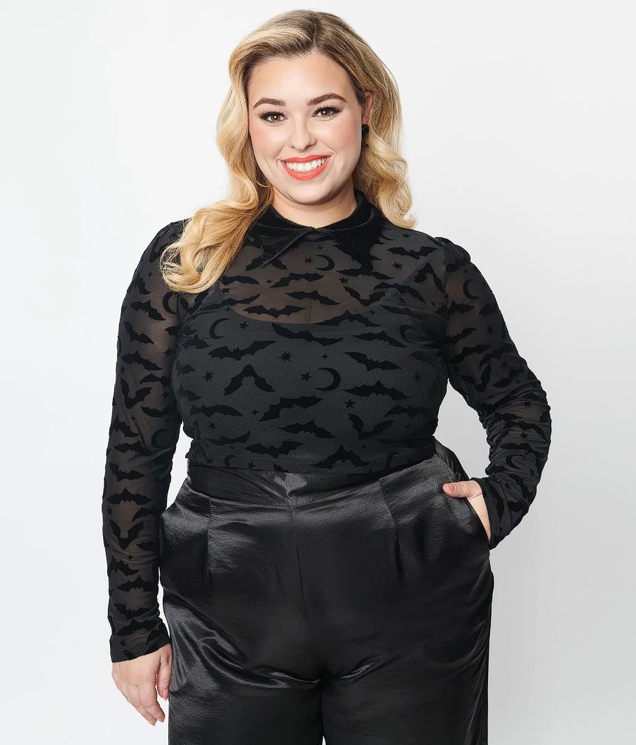 Collectif Plus Size Black Roo Bat Mesh Crop Top