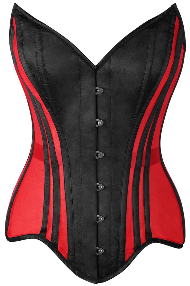 Top Drawer Red Mesh & Black Satin Steel Boned Overbust Corset