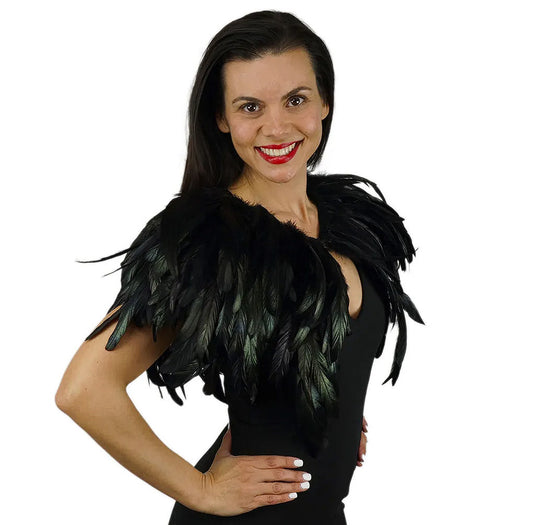 High Collar Feather Cape-Black/Iridescent