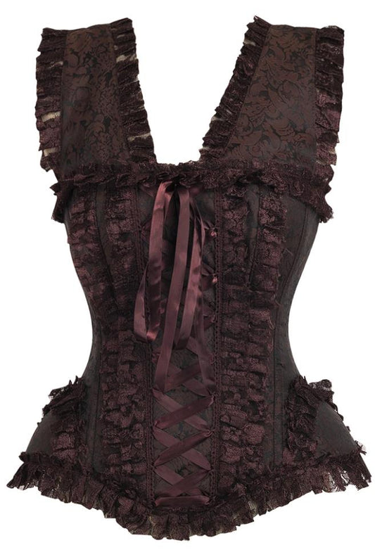 Top Drawer Brown Swirl Brocade & Lace Steel Boned Corset w/Cap Sleeves