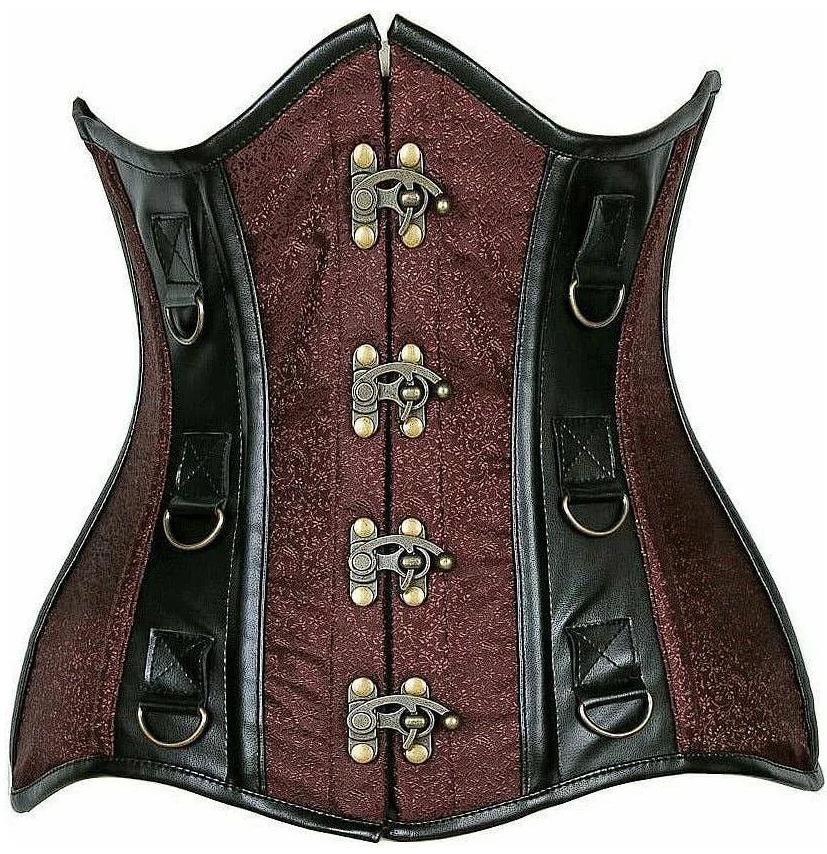 Top Drawer Brown Brocade & Faux Leather Steel Boned Under Bust Corset