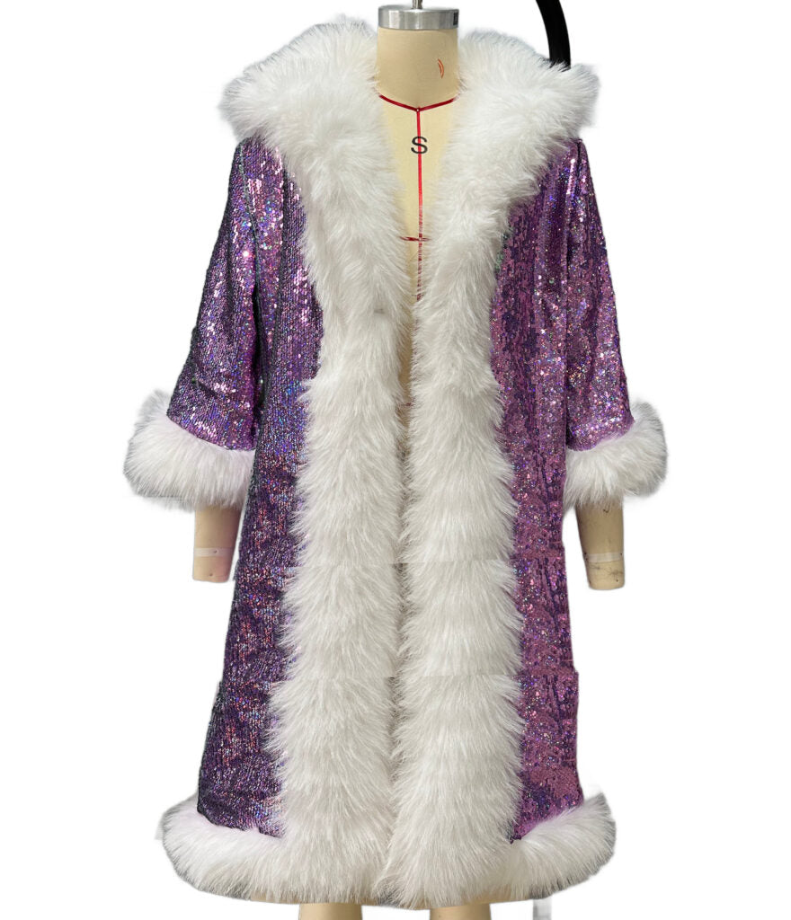 Long Purple Sequin Coat w/ Fur Trim