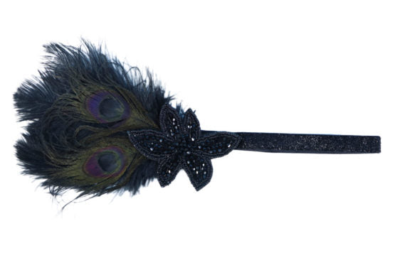 Fancy Black Flapper Headband With Feather