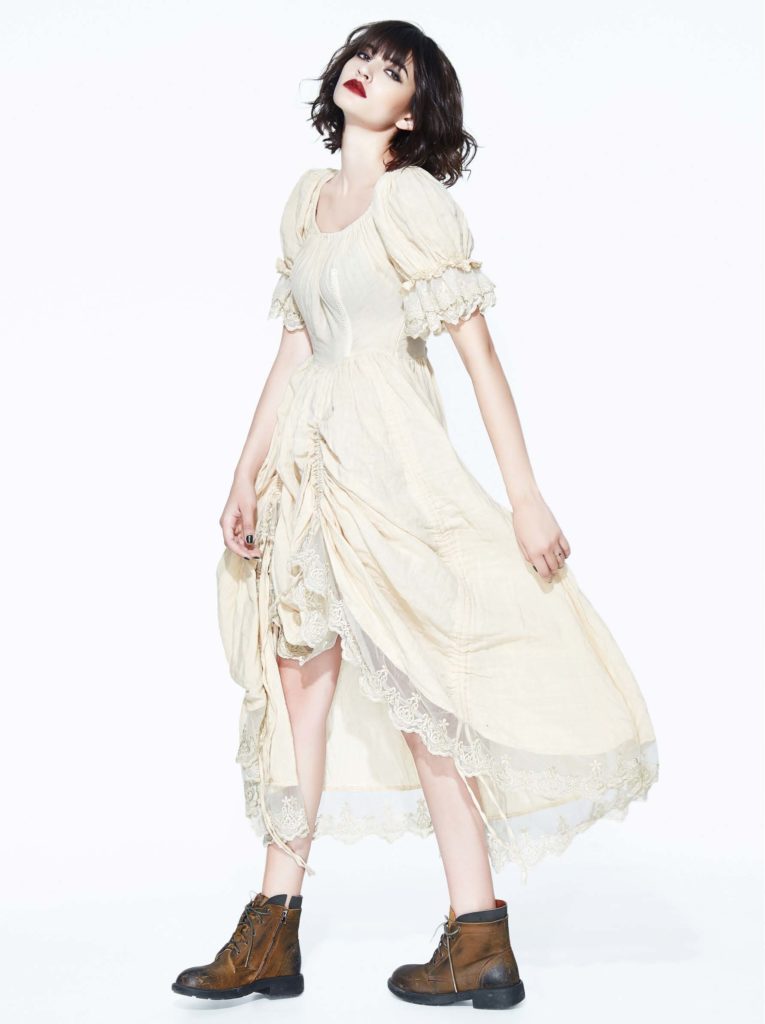 Beige Steampunk Dress with Ruffle Short Sleeves