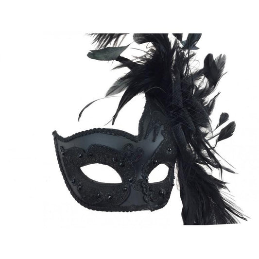 Black Venetian Mask w/ Net and Feather