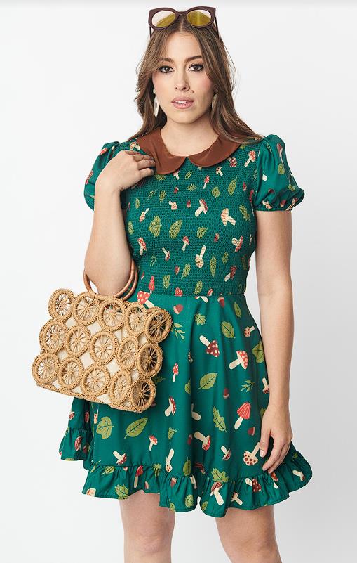 Smocked Peter Pan Collar Green Mushroom Print Dress