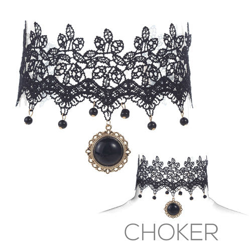 Victorian Lace Choker with Black Pendant