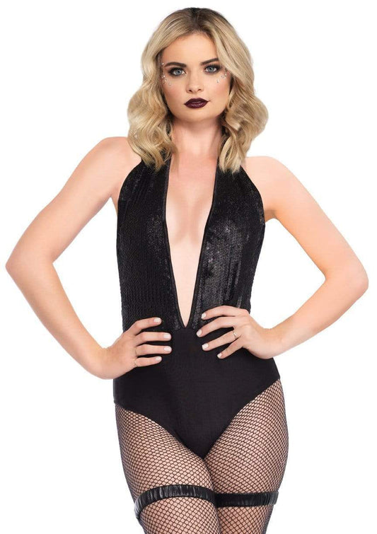 Shimmer Sequin Plunging Halter Bodysuit