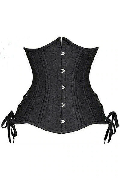 Black Satin Double Steel Boned Curvy Cut Waist Cincher Corset w/Lace-Up Sides