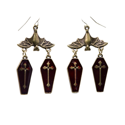 Bat Earrings w/ Red Hanging Caskets