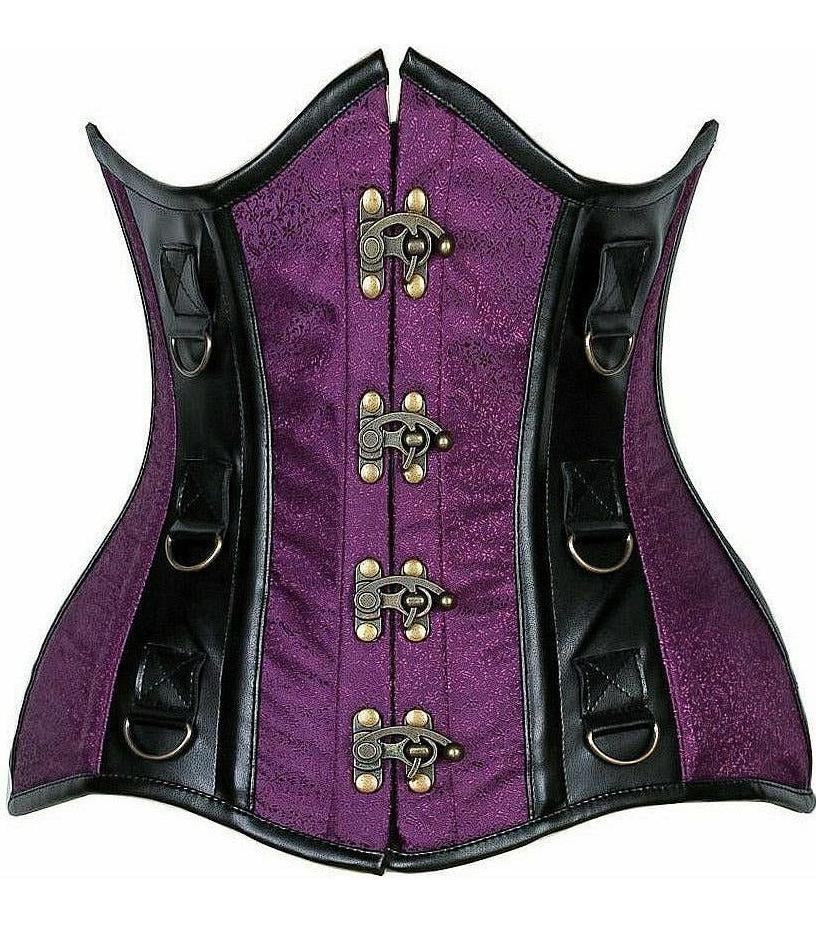 Top Drawer Plum Brocade & Faux Leather Steel Boned Under Bust Corset