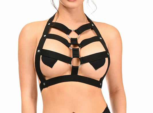 Black Stretchy Triple Body Harness w/Silver Hardware