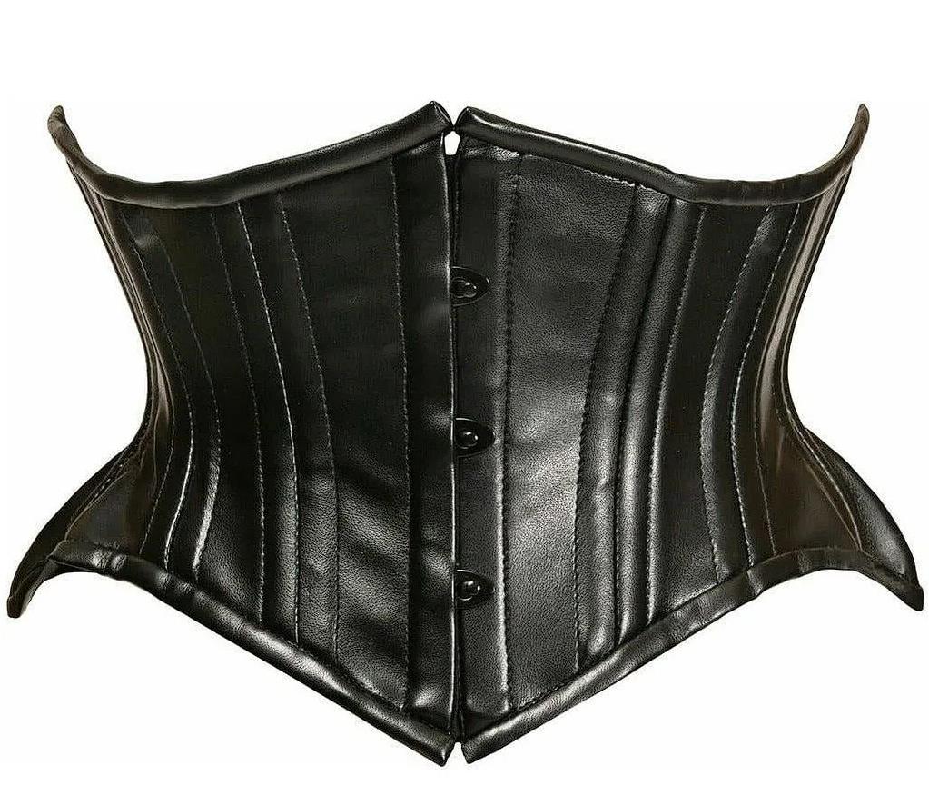 Top Drawer Black Faux Leather Double Steel Boned Curvy Cut Waist Cincher