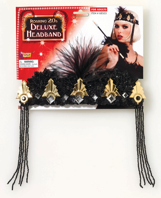 Black & Gold Flapper Headband w/ Feather