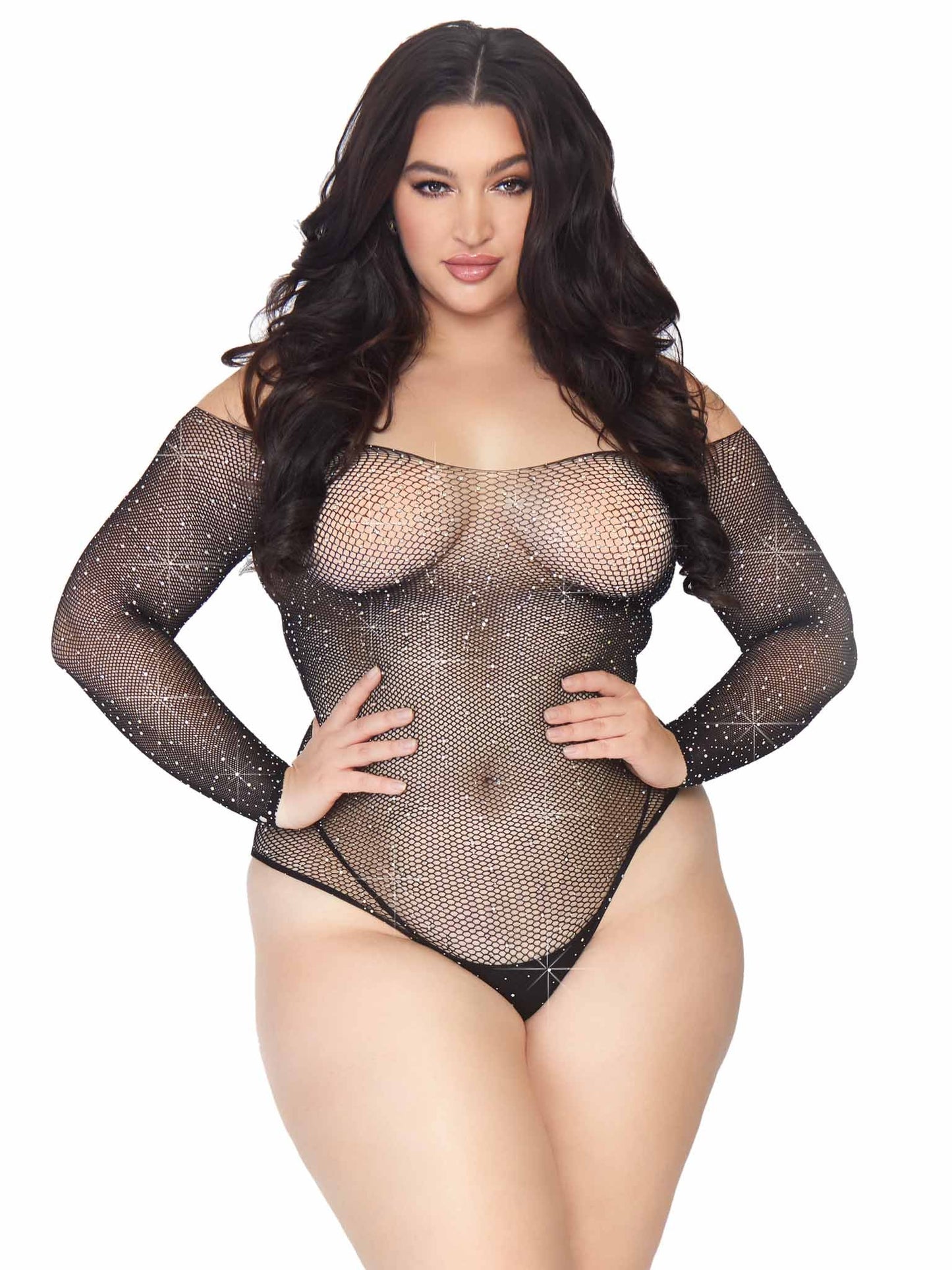 Rhinestone Long Sleeve Fishnet Bodysuit