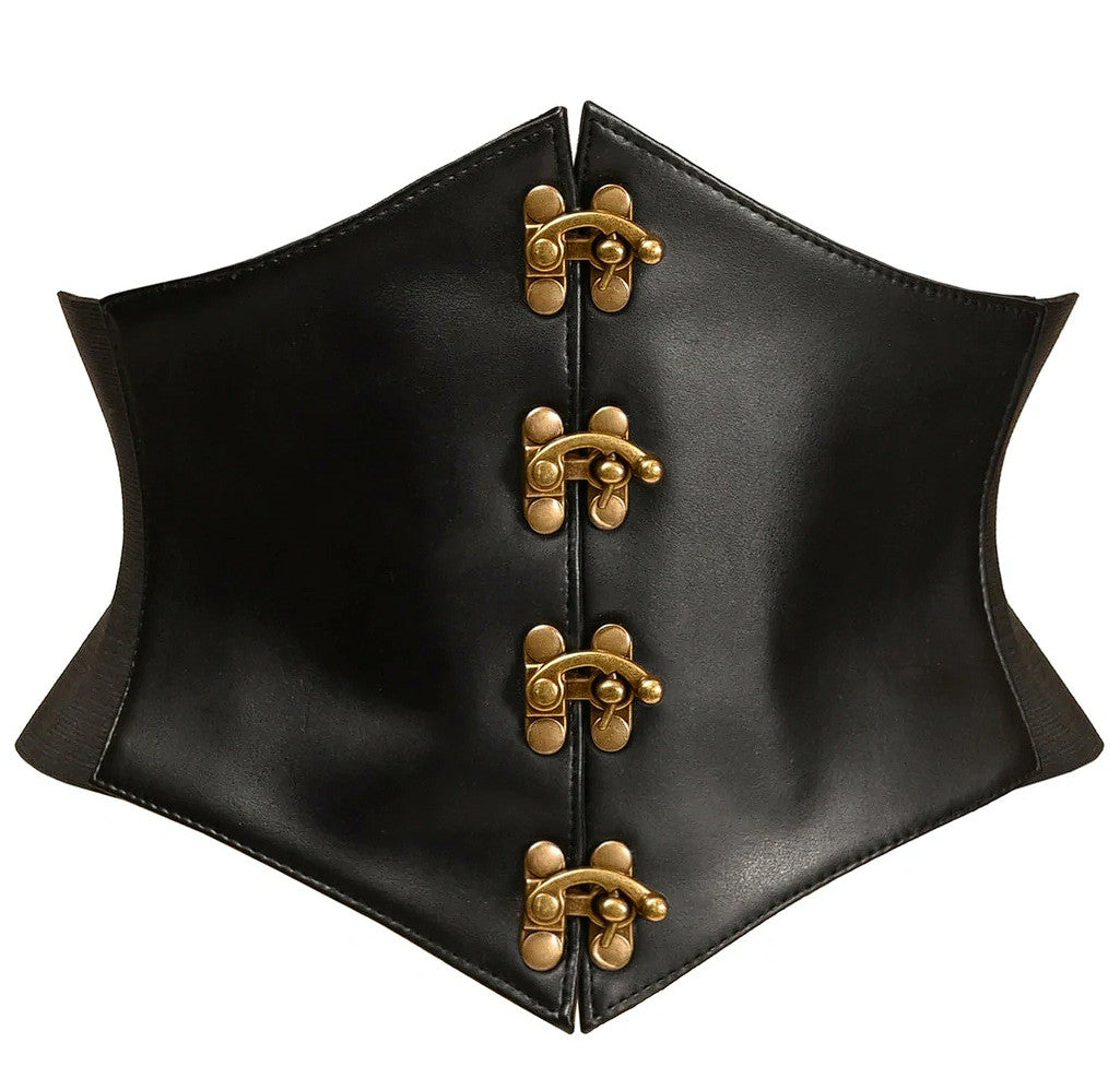 Black Faux Leather Corset Belt Cincher w/Clasps