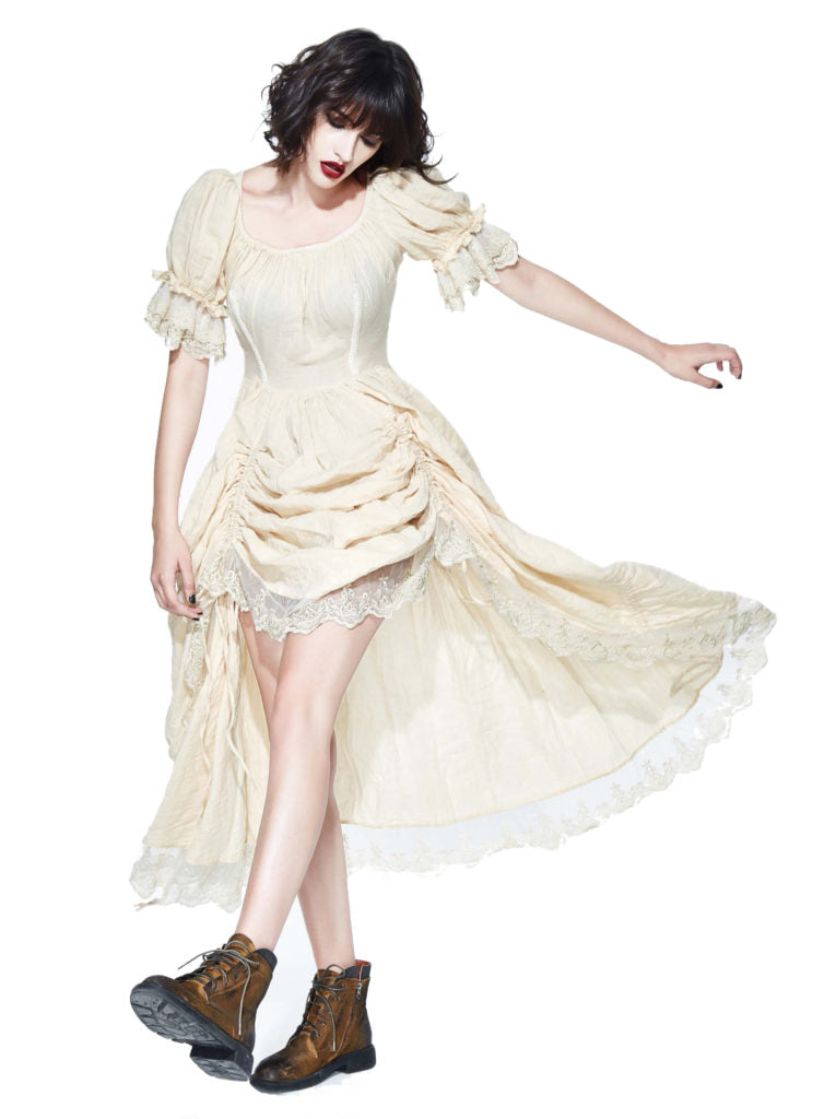 Beige Steampunk Dress with Ruffle Short Sleeves