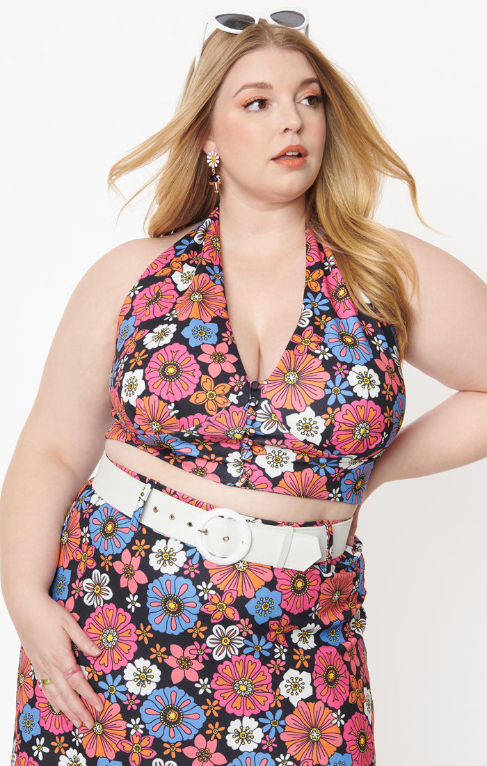 Black & Purple Retro Floral Feelin  Groovy Crop Top