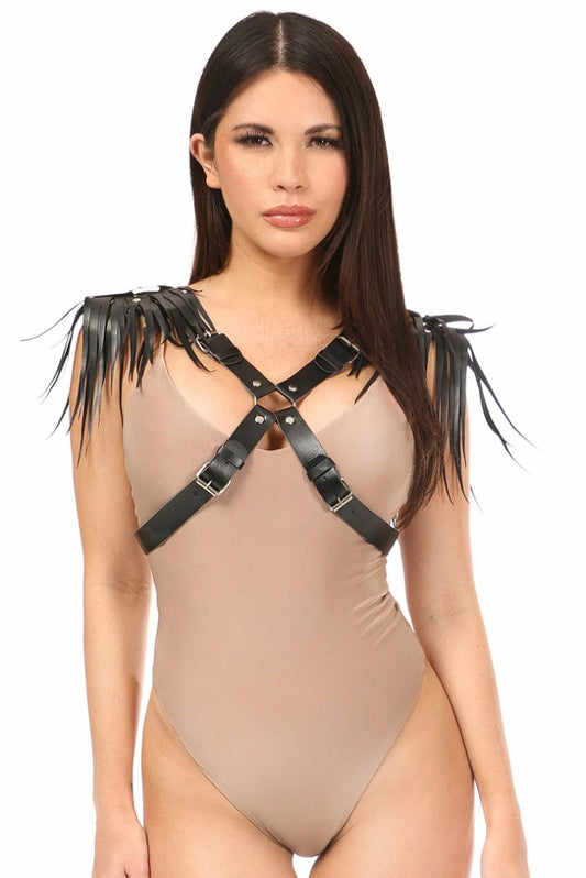 Black Vegan Leather Body Harness w/Shoulder Fringe