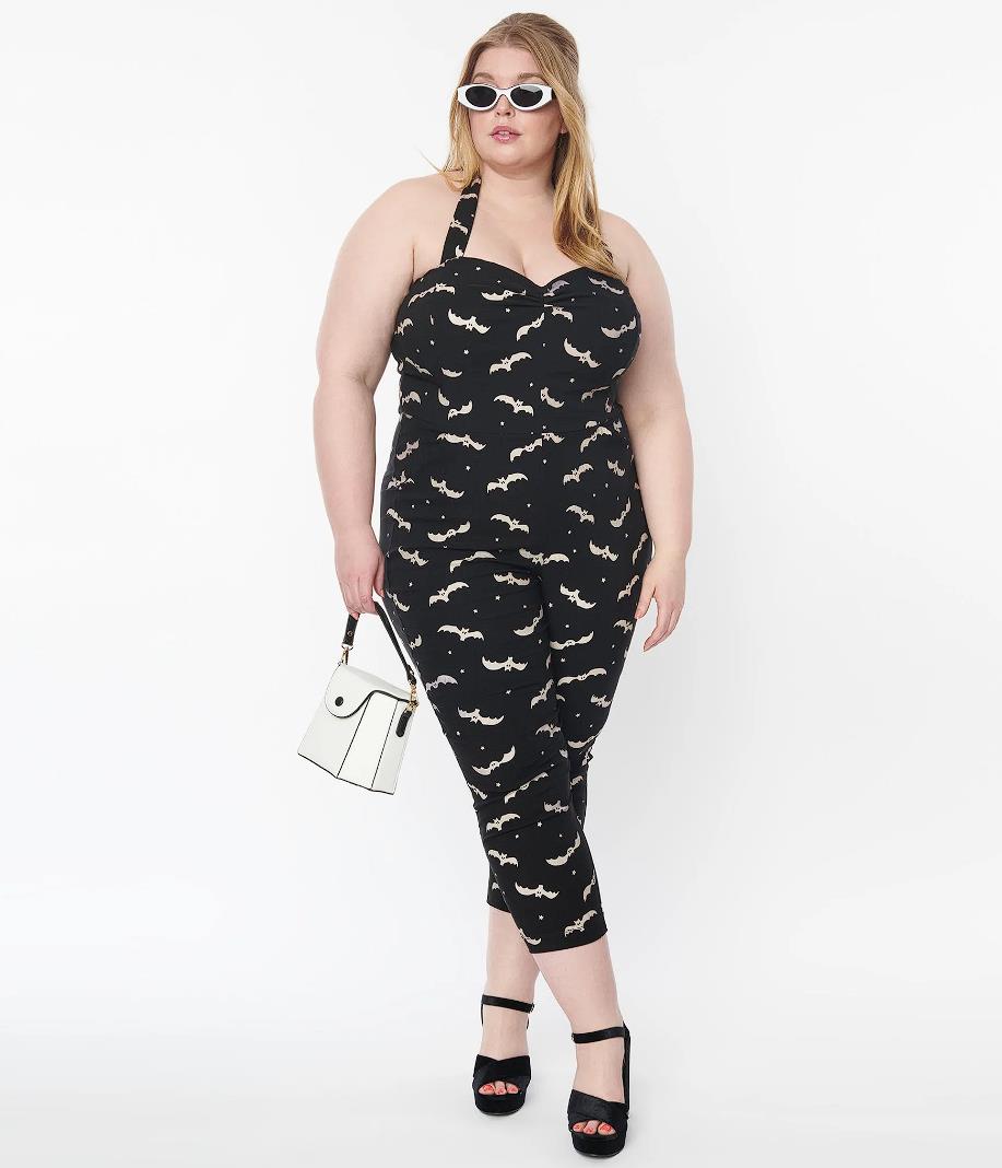 Plus Size Black & Glow In The Dark Bat Print Marcel Jumpsuit