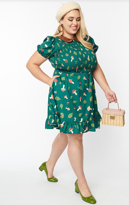 Smocked Peter Pan Collar Green Mushroom Print Dress