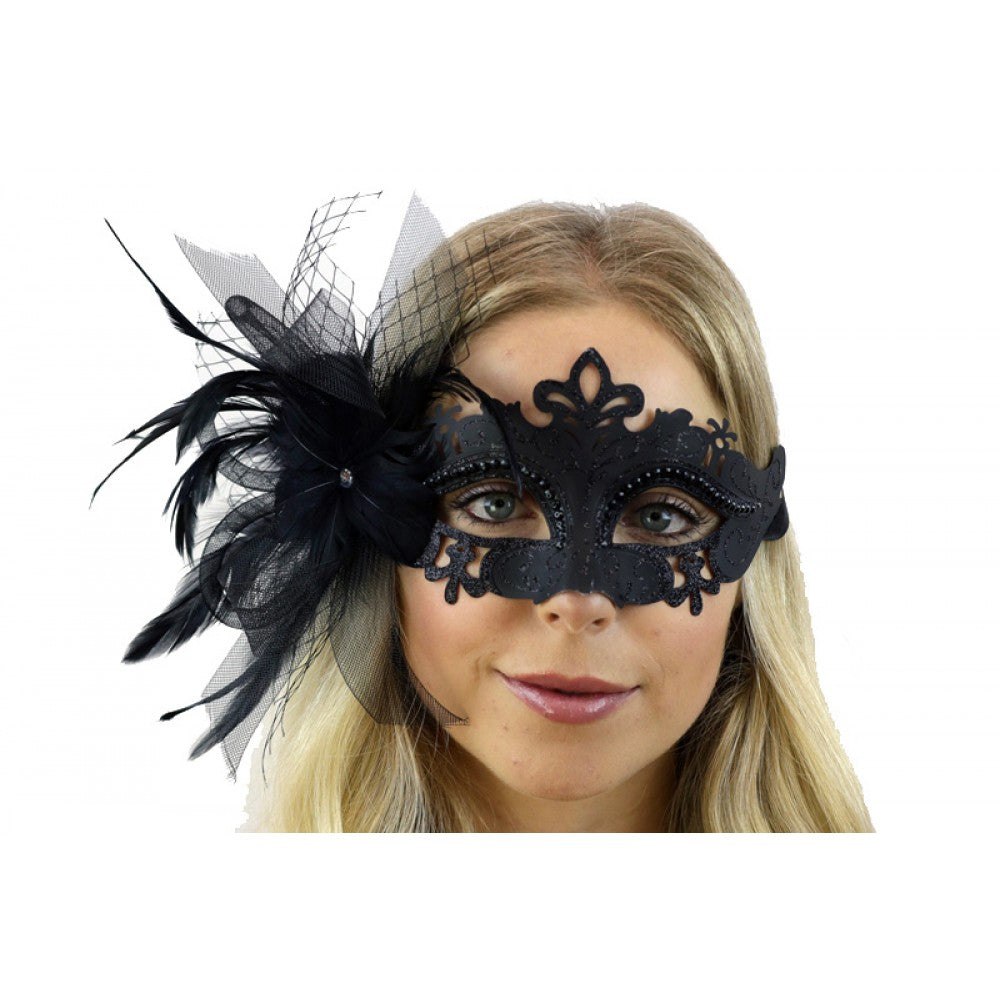 Black Venetian Mask w/ Fishnet and Feather