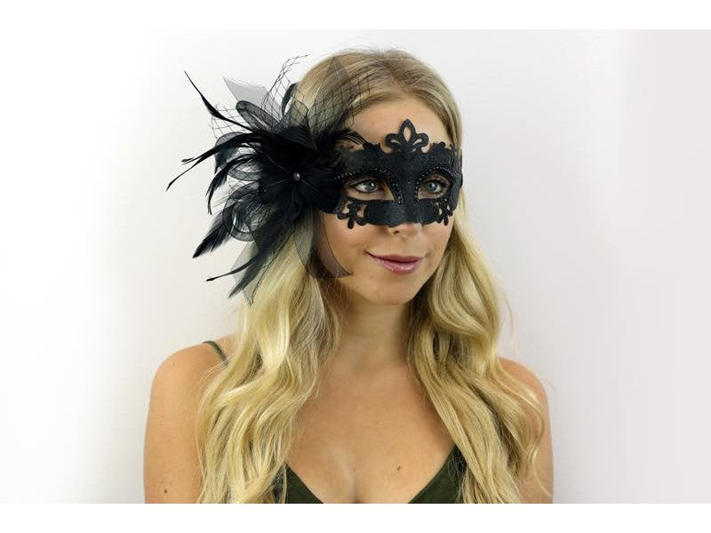 Black Venetian Mask w/ Fishnet and Feather